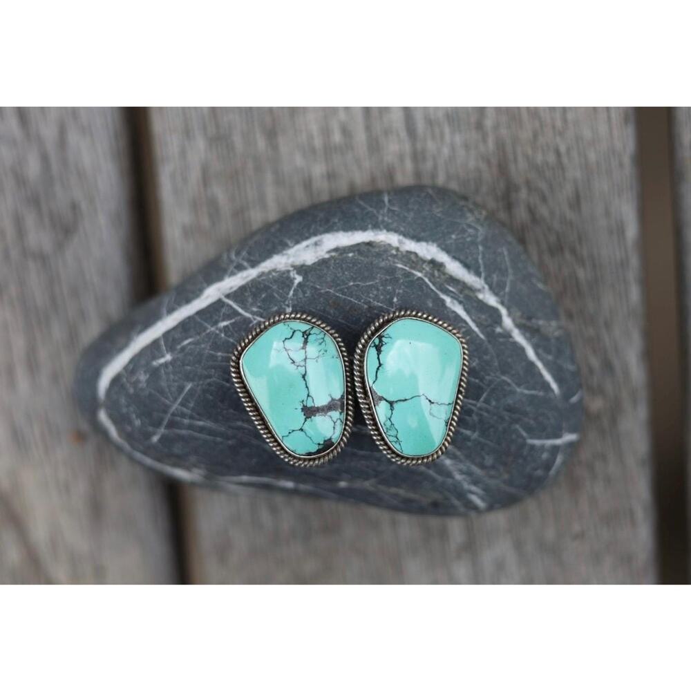 Artie Yellowhorse Earrings, Signed Navajo Sterling Silver Spiderweb Turquoise,